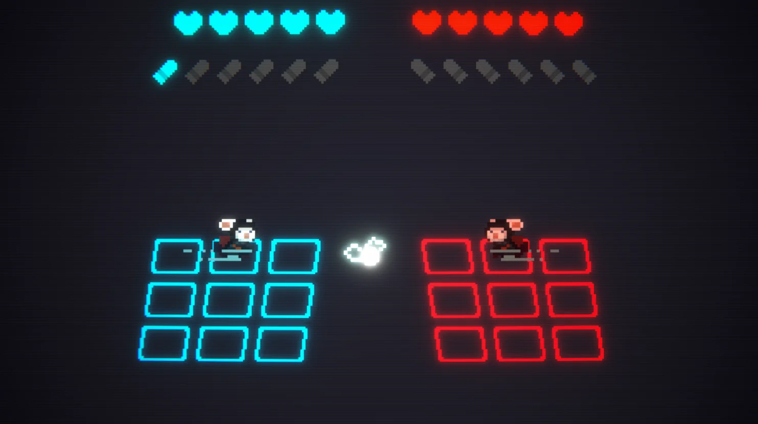 Player and enemy projectiles colliding at the centre of the arena