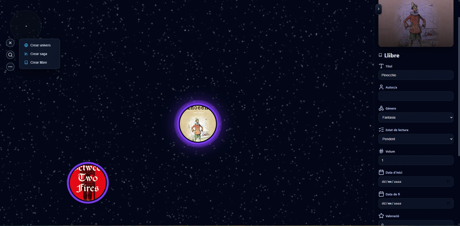 Bookverse global canvas with universes, sagas, books and animated relationships