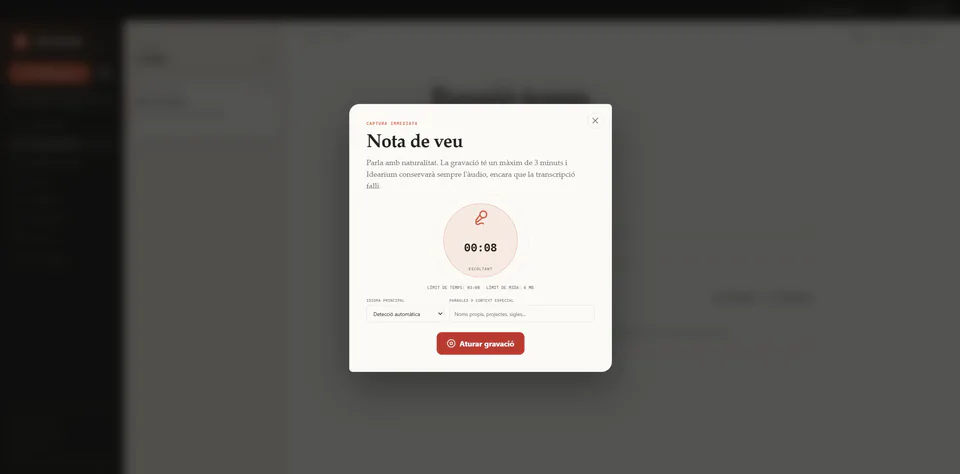 Idearium voice recorder with language selection and transcription controls