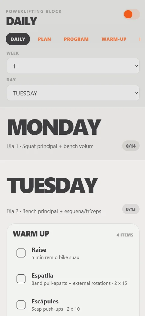 Power App daily workout interface