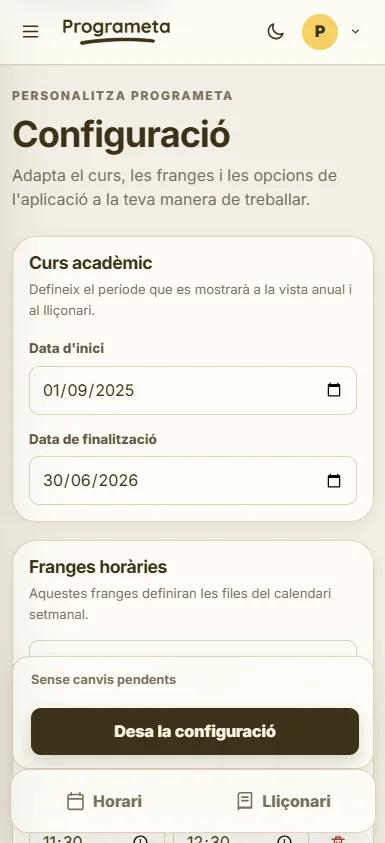 Programeta settings interface on mobile