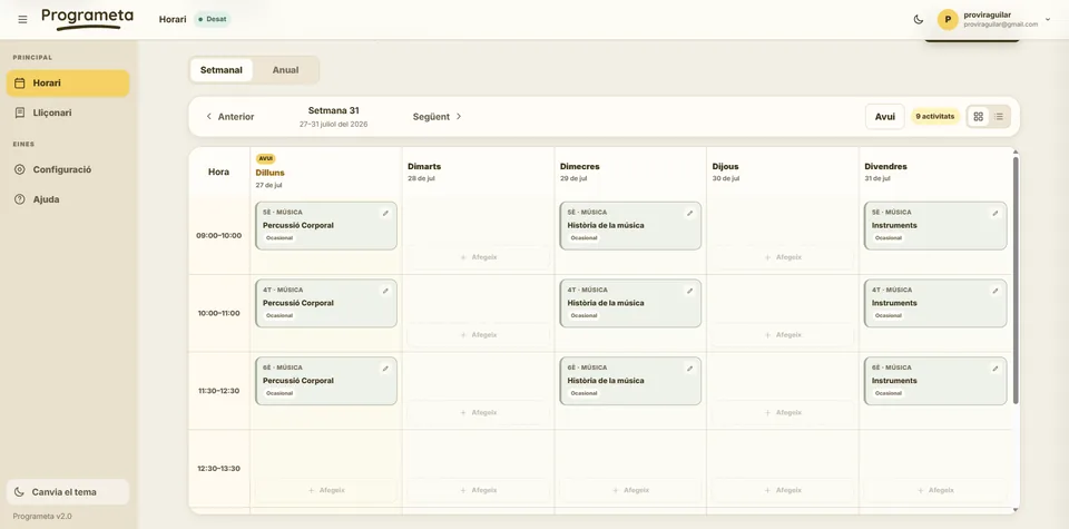 Programeta weekly teaching schedule on desktop