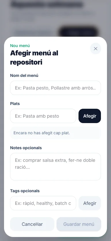 Weekly Meal Planner menu creation and editing interface